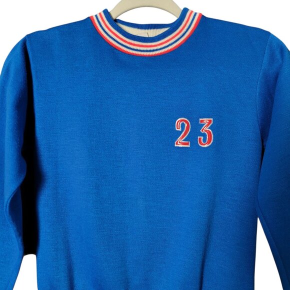 Vintage JCPenney Kids Boy Blue Striped Hems Crewneck Retro Varsity Sweater 14/16 - Picture 3 of 9